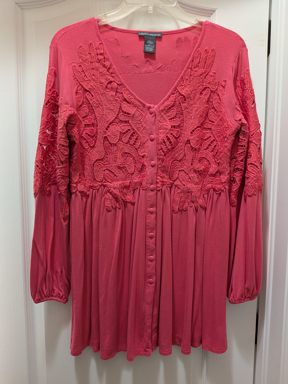 Dark Rose Crochet Button-Front And Sleeves Blouse